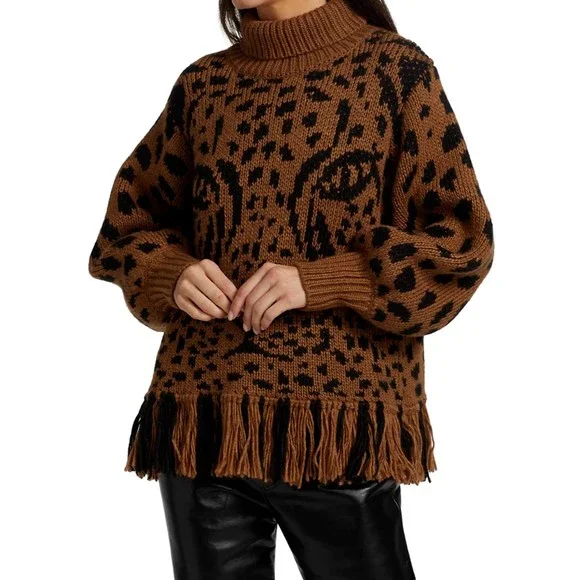 Farm Rio Leopard Fringe Sweater S Turtleneck Pullover Brown Black Knit Wool New - Picture 2 of 11